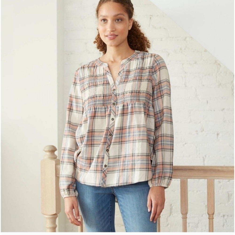 Knox Rose Women Pink White Plaid Smocked Metallic Button Down Blouse Medium